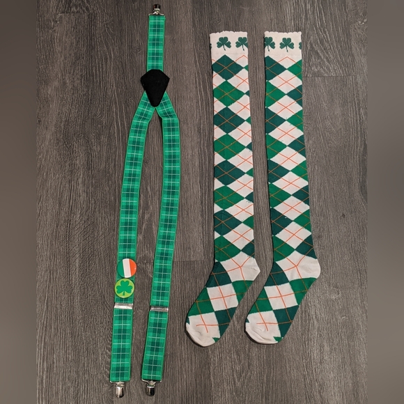 Green Plaid St. Patrick's Day Suspenders and Argyle Over the Knee Socks Set - Picture 1 of 3